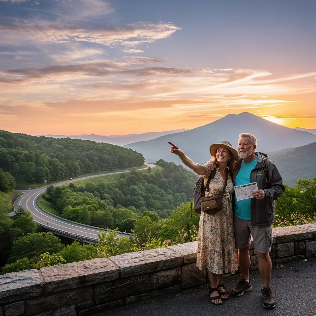 Krajobraz z zachodem słońca nad jeziorem z trasą pieszą.